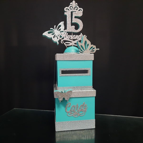 A two-tier card box with butterflies,cardbox for cards butterflies,Card box for Sweet 16 butterflies,Quinceanera Bar Bat Mitzvah butterflies