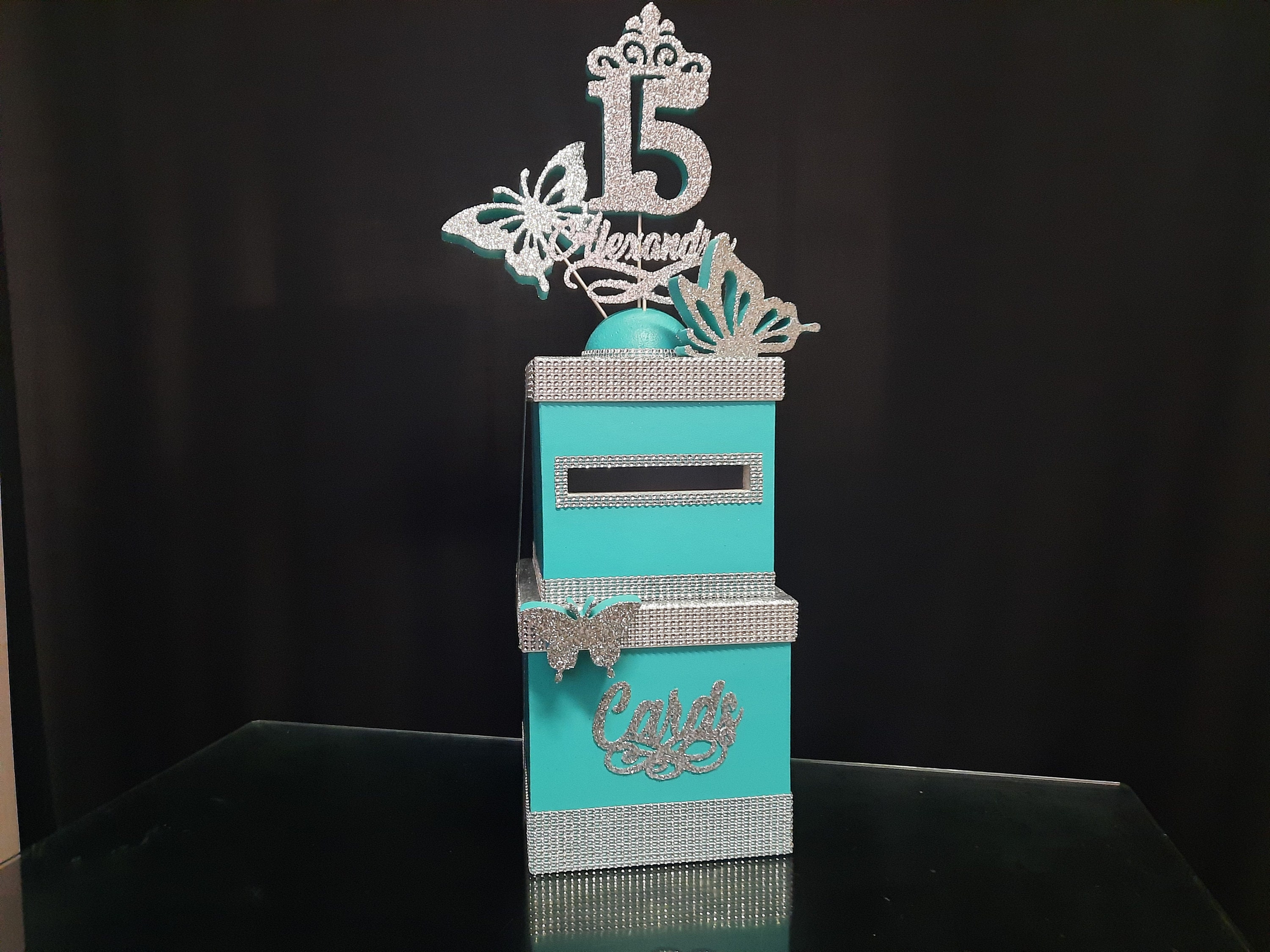 A twotier card box with butterfliescardbox for cards butterfliesCard box for Sweet 16 butterfliesQuinceanera Bar Bat Mitzvah