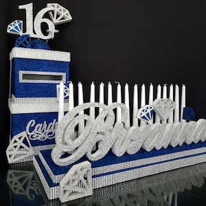 SET Diamonds Sweet 16 Candelabro espuma y Cardbox, Diamantes tema Membrillo, Bar Bat Mitzvah, Diamante central de iluminación de velas, gemas de caja de cartón