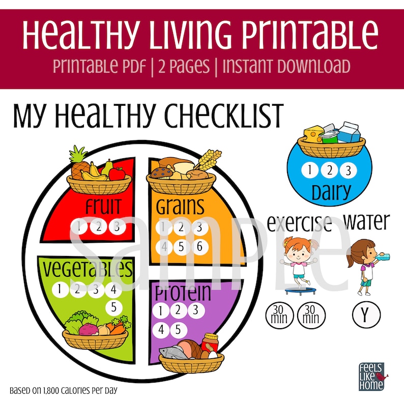 May include: A printable healthy living checklist with a colorful food pyramid graphic. The pyramid is divided into five sections: fruits, vegetables, grains, protein, and dairy. Each section has a number of servings recommended per day. The checklist also includes a section for exercise and water intake. The text "Based on 1,800 calories per day" is at the bottom of the page.