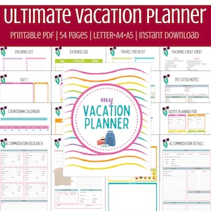 Modelo de planejador de viagem para impressão • Planejador de férias em família • Planejador de itinerário de viagem • Diário de viagem • Planejador de férias • A4, Carta, A5