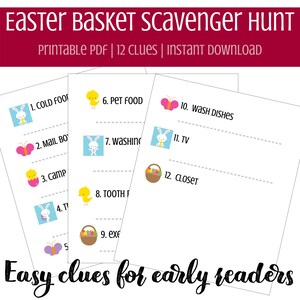 May include: Printable Easter basket scavenger hunt game with 12 clues for early readers. The game features colorful illustrations of bunnies, chicks, butterflies, and baskets.