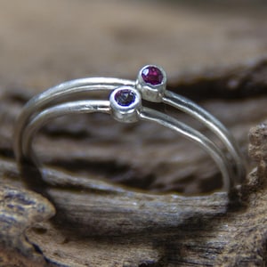 Puede incluir: Un anillo de plata con dos pequeñas piedras preciosas. Una piedra preciosa es de color morado oscuro y la otra es de color rojo brillante.