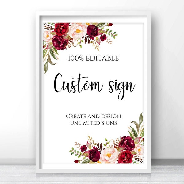 Editable sign template Wedding custom table signs Edit in TEMPLETT Printable burgundy Bridal Shower signage Instant download
