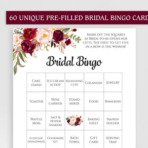 Prefilled Bridal Bingo Game Printable 60 Unique Card Templates - Etsy