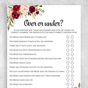 Over or Under EDITABLE Game Template Floral Printable Custom Bridal ...