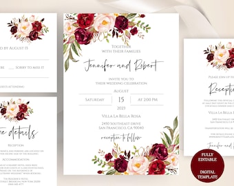 Burgundy Wedding Invitation Template, Floral Wedding Invitation Set - Digital Download - Editable with TEMPLETT app