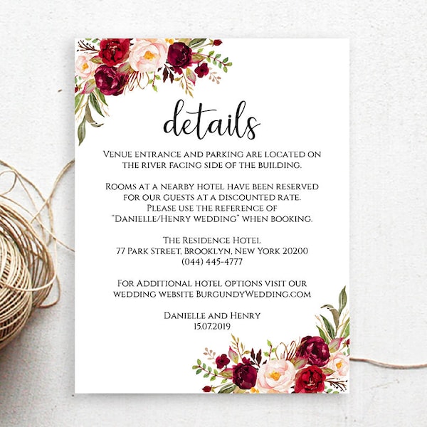 Printable Wedding details card template Floral burgundy Wedding detail cards Editable PDF Instant download