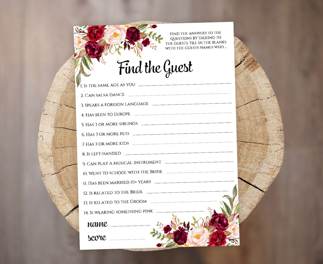Find the Guest Game Template Printable Burgundy Bridal Shower - Etsy