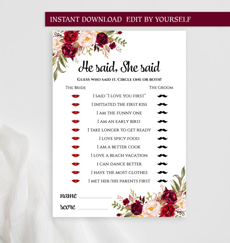 He Said She Said EDITABLE Template Burgundy Bridal Shower Game Custom he-said-she-said-editable-template-burgundy-bridal-shower-game-custom