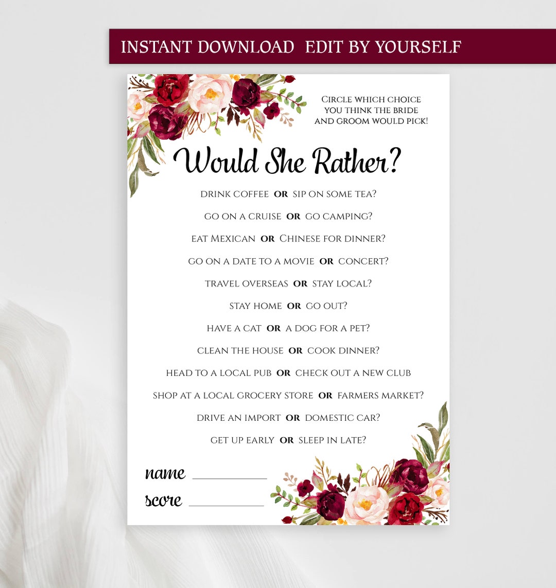 Would She Rather EDITABLE PDF Game Template Printable Floral Bridal ...