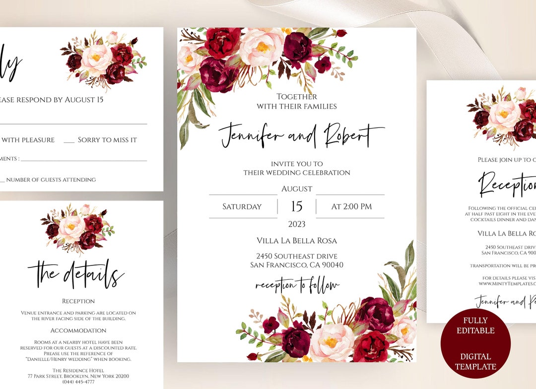 Burgundy Wedding Invitation Template, Floral Wedding Invitation Set