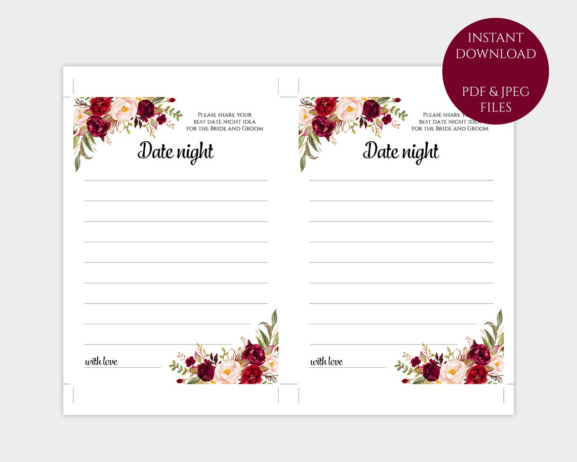 Wedding Date Night Cards Printable Floral Burgundy Bridal - Etsy