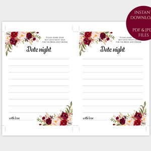 Wedding Date Night Cards Printable Floral Burgundy Bridal Shower Date ...