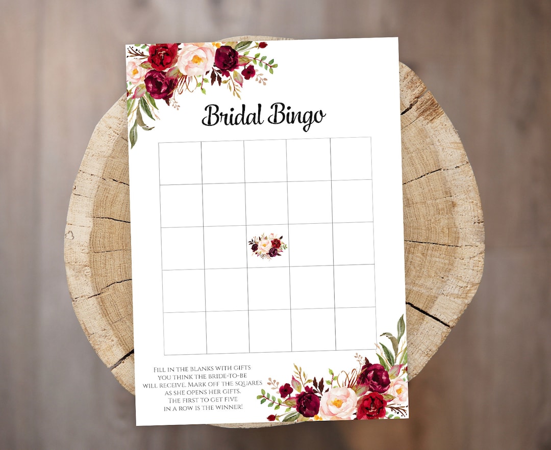 Bridal Shower Bingo Template Printable Floral Burgundy Bridal Bingo ...