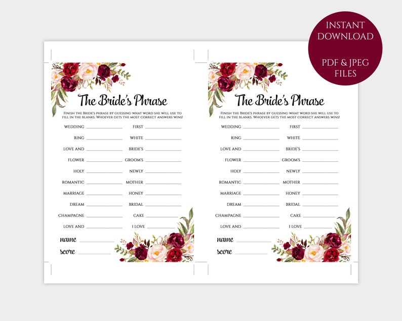 Finish the Brides Phrase Game Template Printable Floral Bridal - Etsy