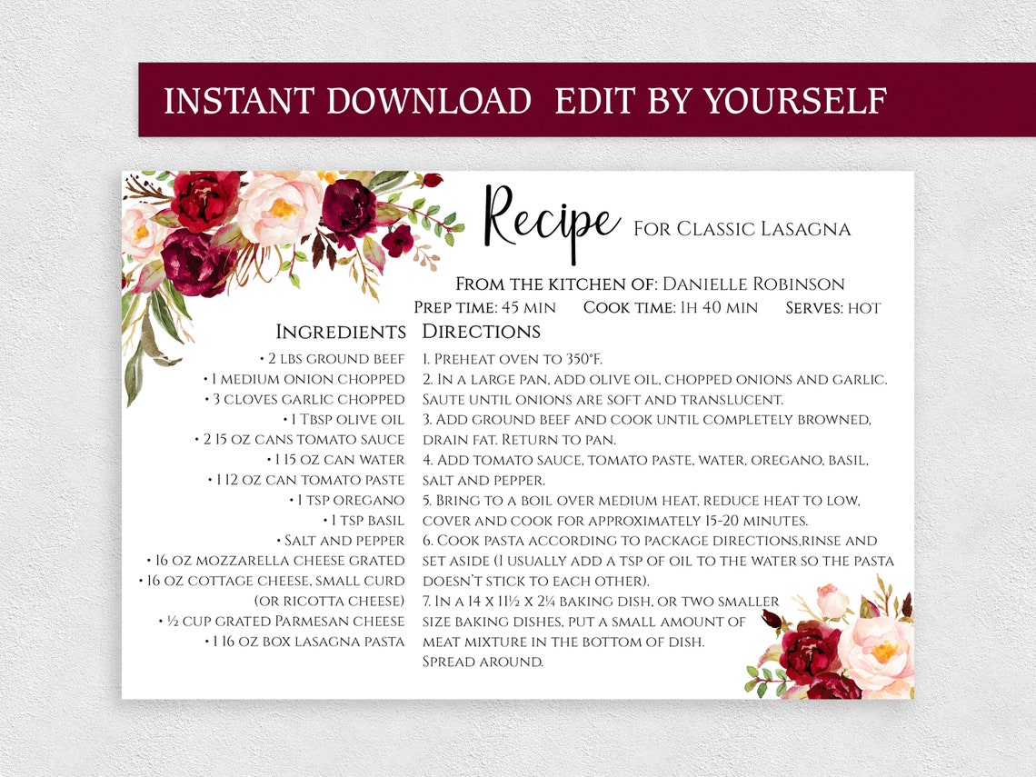 EDITABLE Recipe Cards 4x6 Printable Two Sided Personalized - Etsy