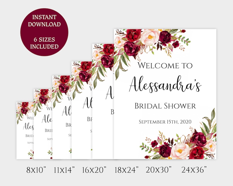 EDITABLE Bridal Shower Welcome sign template Printable floral burgundy marsala signs Edit in TEMPLETT Instant download