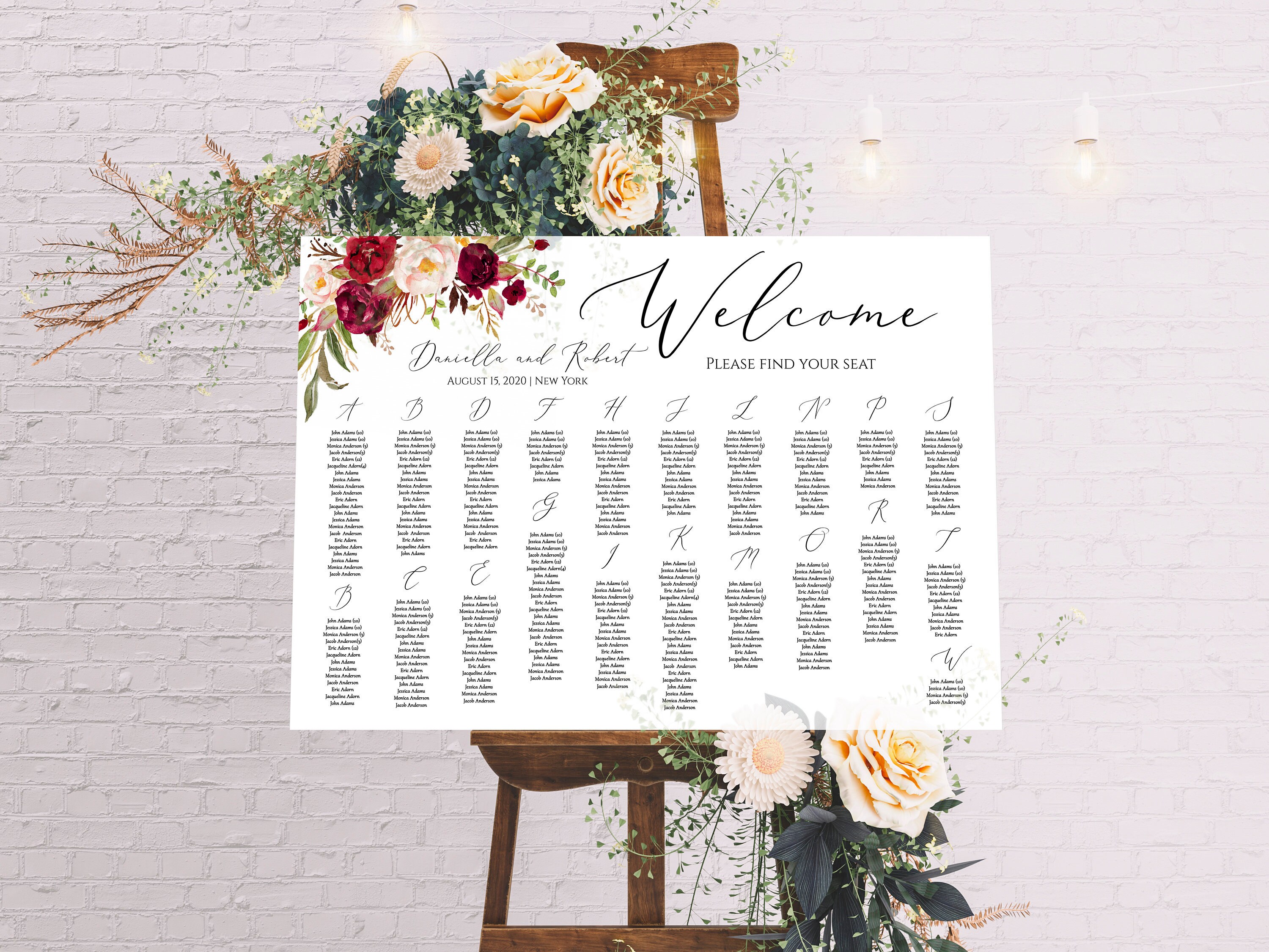 Alphabetical Wedding Seating Chart Template Editable in Etsy