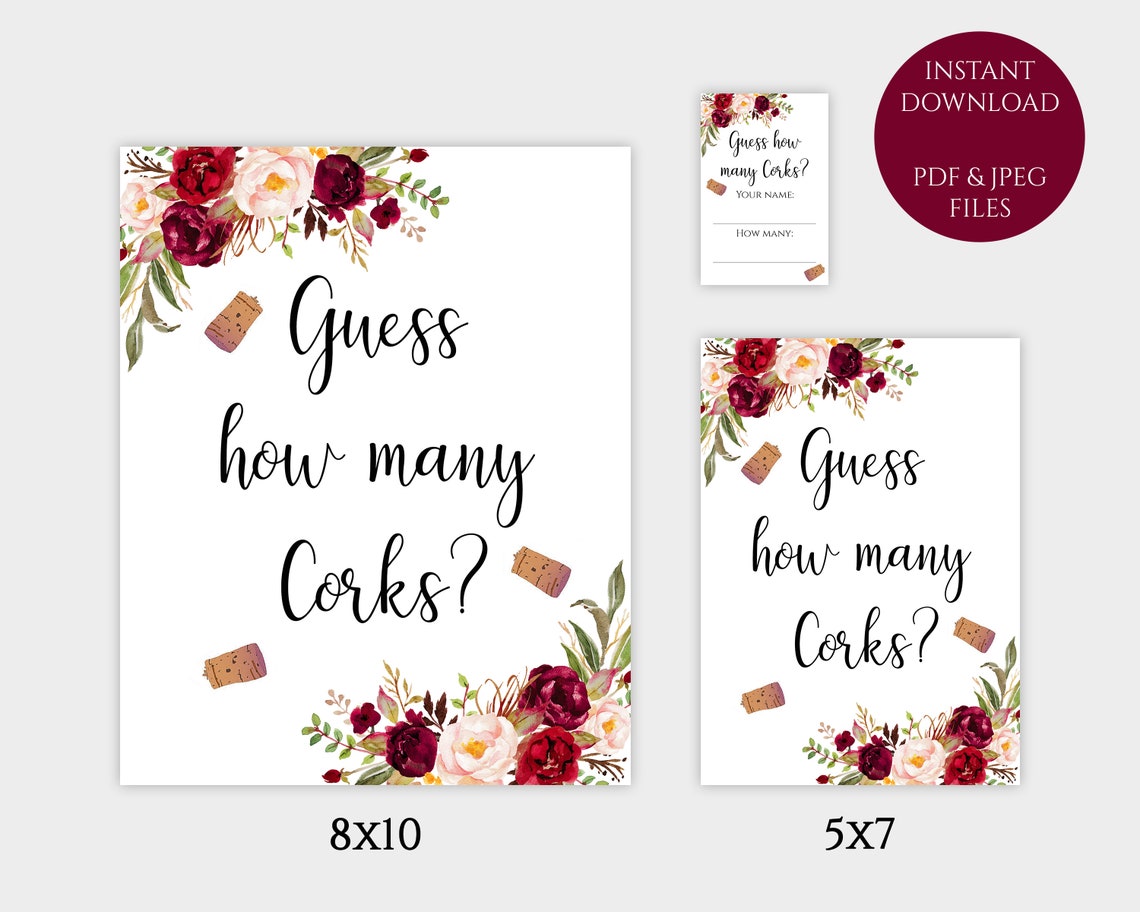 Guess How Many Corks Game Burgundy Template Printable Bridal | Etsy