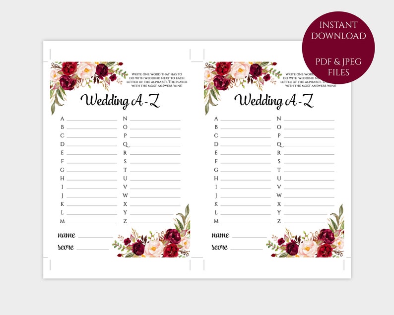Printable A-Z game template Wedding A Z alphabet game Red | Etsy