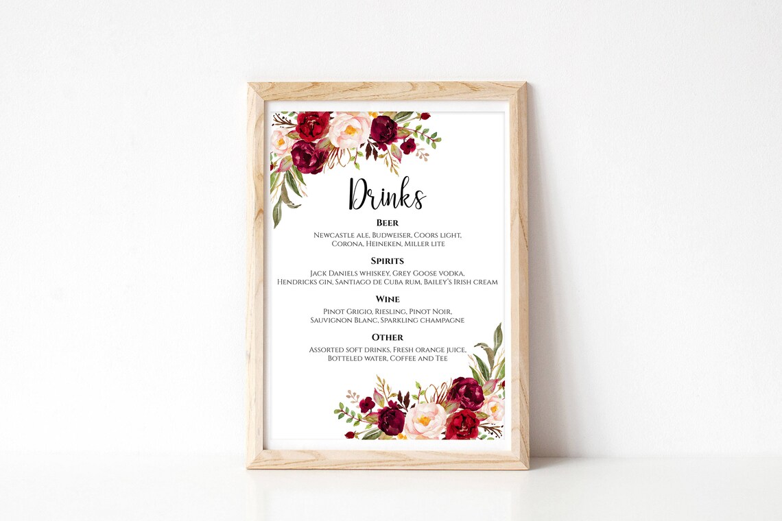 Printable Wedding Drink Menu Template Editable PDF Floral - Etsy