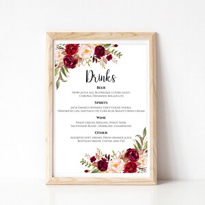 Printable Wedding Drink Menu Template Editable PDF Floral Burgundy ...