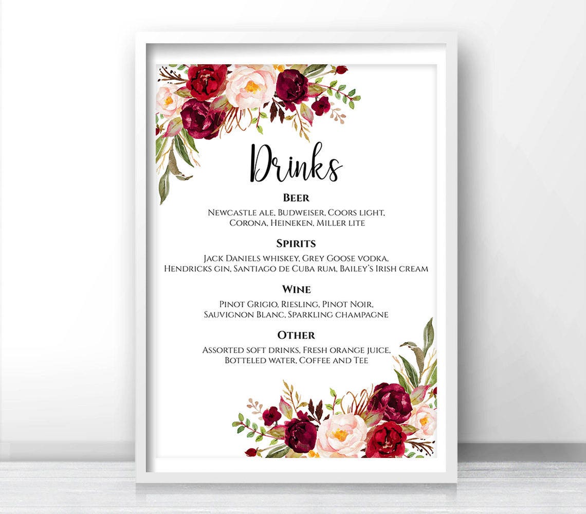 Printable Wedding Drink Menu Template Editable PDF Floral Etsy Printable Wedding Drink Menu Template Editable PDF Floral Etsy