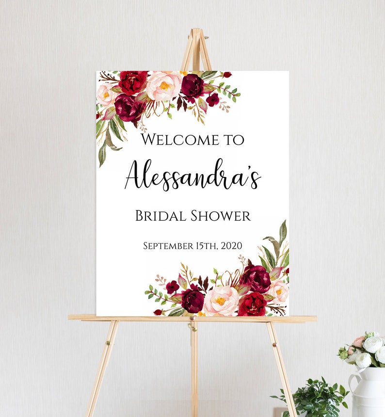 EDITABLE Bridal Shower Welcome sign template Printable floral burgundy marsala signs Edit in TEMPLETT Instant download