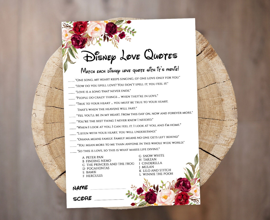 Disney Love Quotes game printable template Floral Disney | Etsy