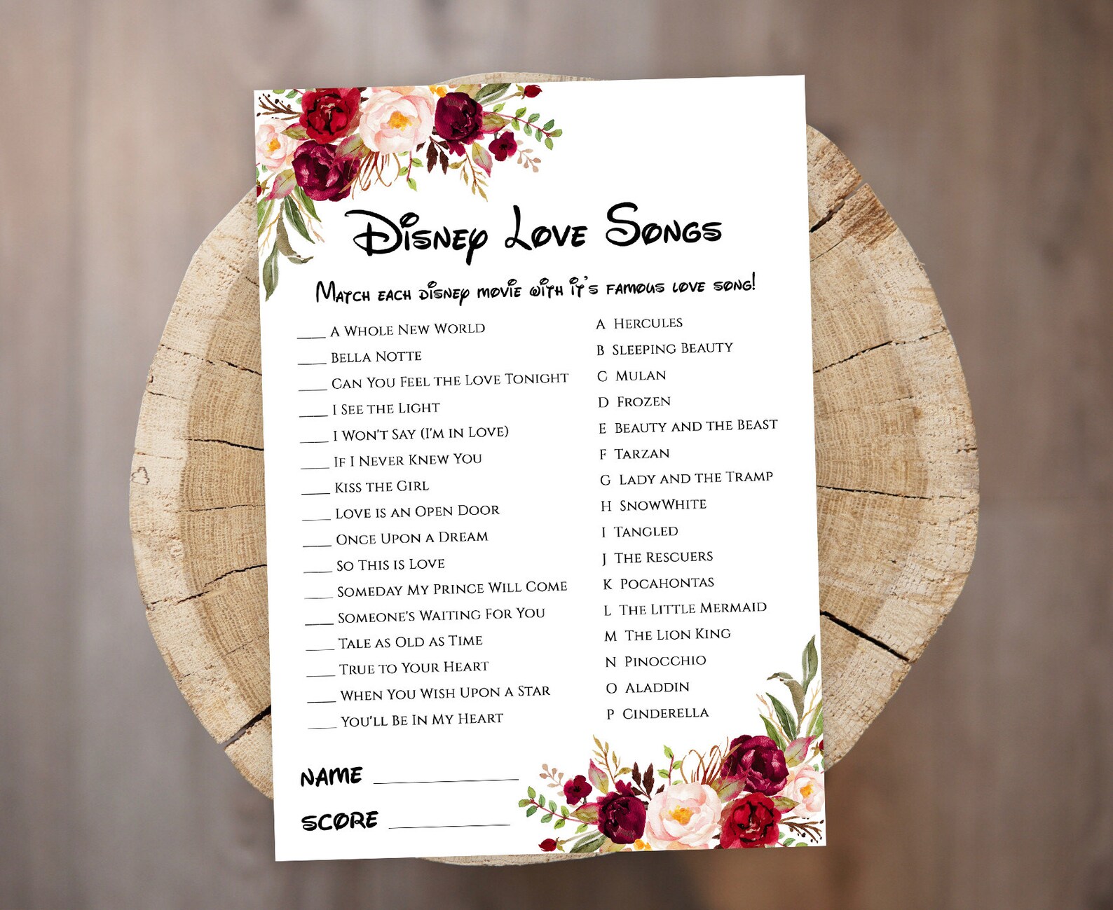 Disney Love Songs Game Printable Floral Match Disney Songs - Etsy
