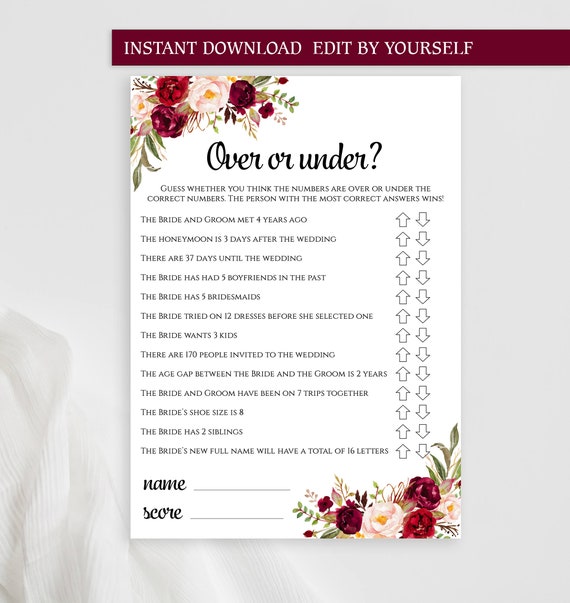 Over or Under EDITABLE Game Template Floral Printable Custom | Etsy