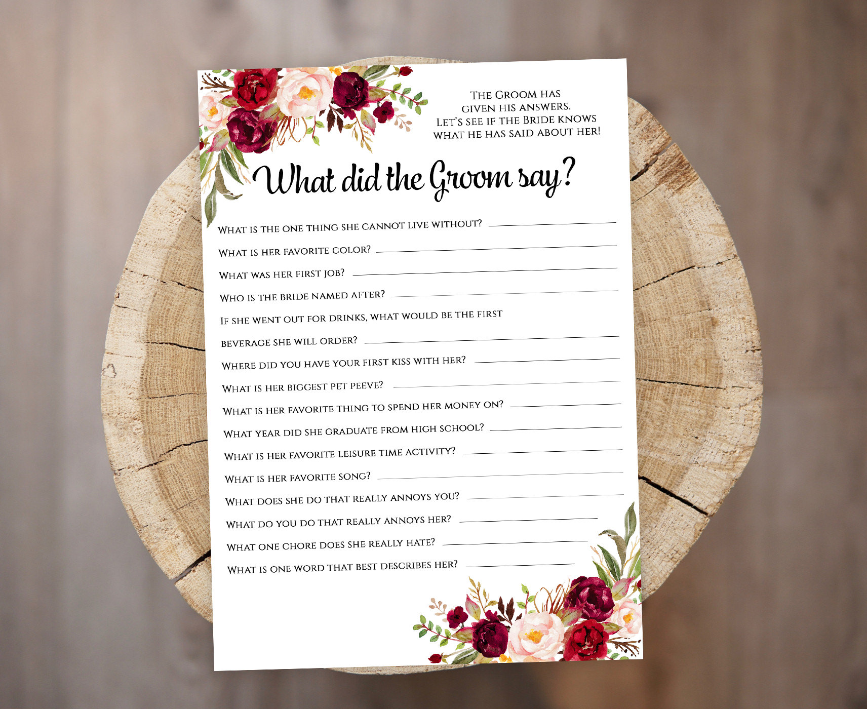 What Did the Groom Say Bridal Shower Game Template Printable - Etsy