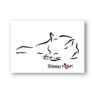 Black outline of a sleeping cat on a white background, with the words ‘Sleep tight’ underneath it. A red heart replaces the dot of the ‘I’ in the word ‘tight’.