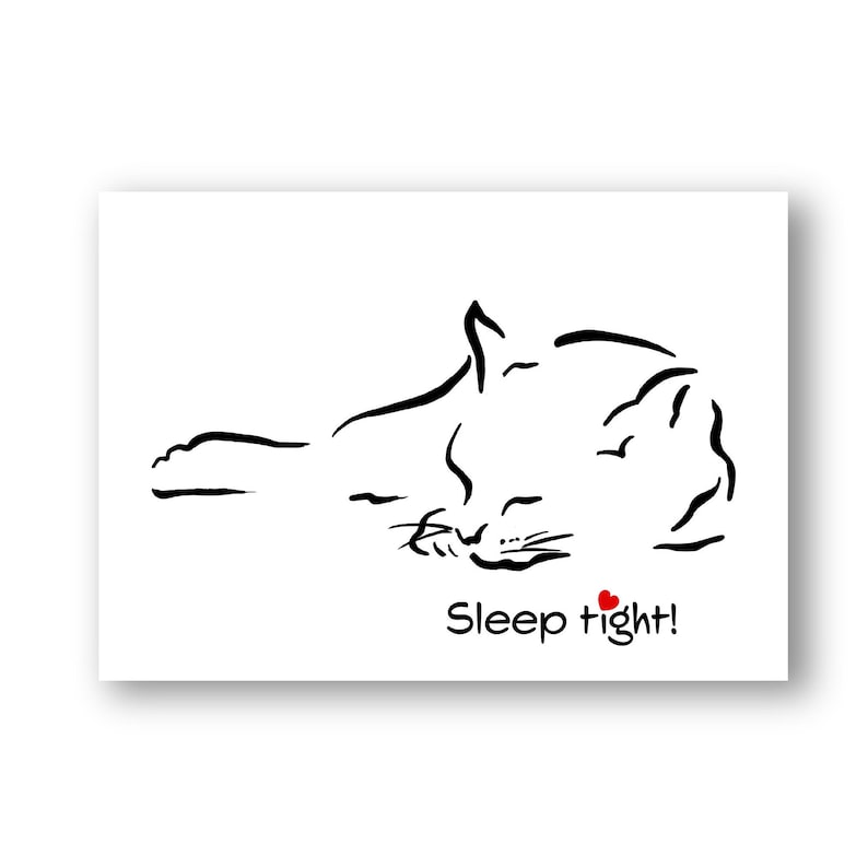 Black outline of a sleeping cat on a white background, with the words ‘Sleep tight’ underneath it. A red heart replaces the dot of the ‘I’ in the word ‘tight’.