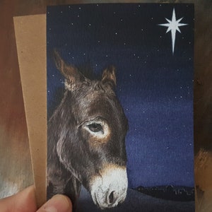 Set van 5 'Arrival in Bethlehem'-kerstkaarten, aquarelprint met een bijbels thema, kerstgroet aan de binnenkant.