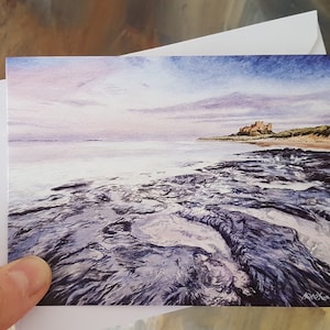 バンバラの水彩画プリントのグリーティング カード 4 枚パック、ノーサンバーランドの風景画、あらゆる機会に使えるカード、メッセージ用の空白。