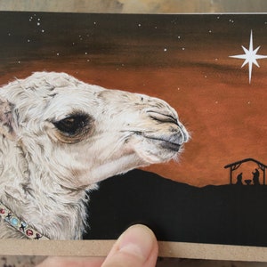 Set van 5 'Following Yonder Star'-kerstkaarten, aquarelprint met een bijbels thema, kerstgroet aan de binnenkant.