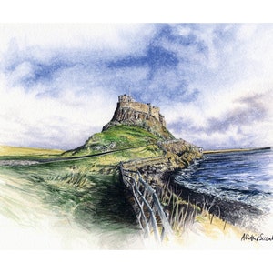 Print of Lindisfarne Castle, Northumberland, on Velvet Etching Fine Art Archival Textured Paper, 11.7 x 8.3 inches, A4 with 20mm border