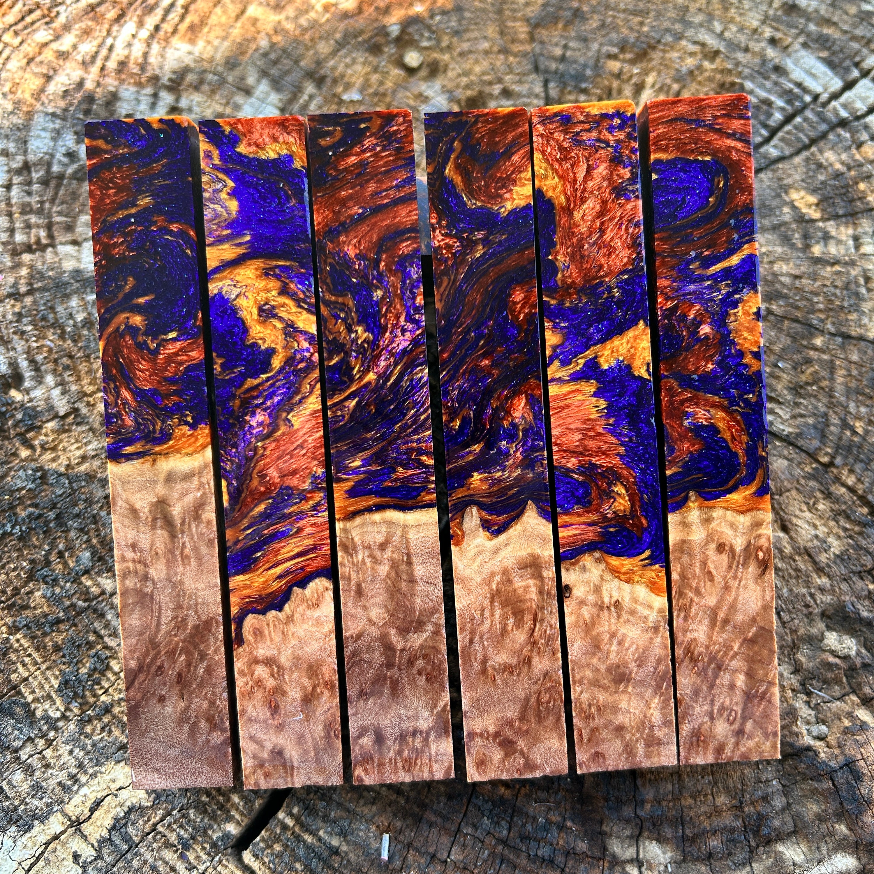 Pool Chalk Holder Burl Wood With Purple and Gold Resin With Square, Round  or Octagon Holder 