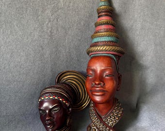 Vintage Achatit Germany African Queen Wall Mask Pair Mid Century MCM Cast Stone Bust Sculptures Handarbeit Tribal Wall Decor Set of 2