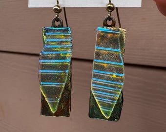 Dichroic Glass Dangle Earrings Iridescent Rainbow Rectangular Fused Glass Drop Earrings Geometric Statement Jewelry Modern Gift for Her