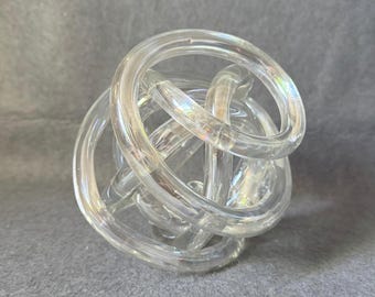 Iridescent Glass Knot Sculpture, Hand Blown Rainbow Luster Rope Ball, Vintage Art Glass Paperweight, Hollywood Regency Decor, Prism Sphere