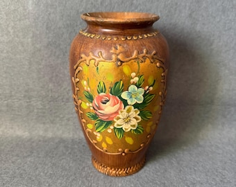Vintage Italian Floral Vase Hand Painted Relief Capodimonte Style Ceramic Urn, Gold Gilt Faux Bois Italian Art Pottery Decorative Vessel