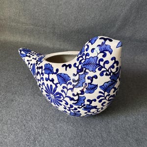 Large 10.5" Cobalt Blue Chinoiserie Bird Planter, Vintage Style Blue & White Floral Ceramic Bird Figurine, Grandmillennial Statement Decor