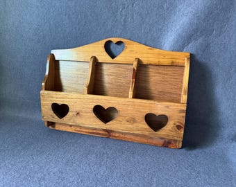 Vintage Wooden Mail Holder 3 Slot Heart Cutout Letter Organizer Wall Hanging Rustic Entryway Decor Brown Wood Mail Sorter with Hooks