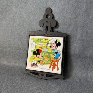 Vintage Cast Iron Ceramic Walt Disney Tile Trivet, Mickey & Minnie Mouse, Wall Hanging Plaque, Cooking Baking Chef Gifts, Kitchen Home Decor