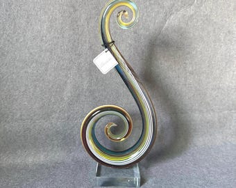 Vintage 1990s Murano Style Art Glass Treble Clef Sculpture - 12" Rainbow Ribbon Swirl Music Note Statue, Hollywood Regency Decor