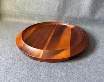 Vintage Nambe 14” Acacia Wood Round Serving Tray • MCM Large Charcuterie Board with Notch Handles • Solid Wood Mid Century Modern Home Decor