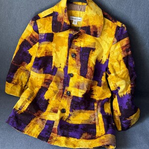 Vintage Coldwater Creek Abstract Patchwork Blazer Jacket Womens Small 4 6 Yellow Purple Cotton Art to Wear Boho Button Up Cardigan